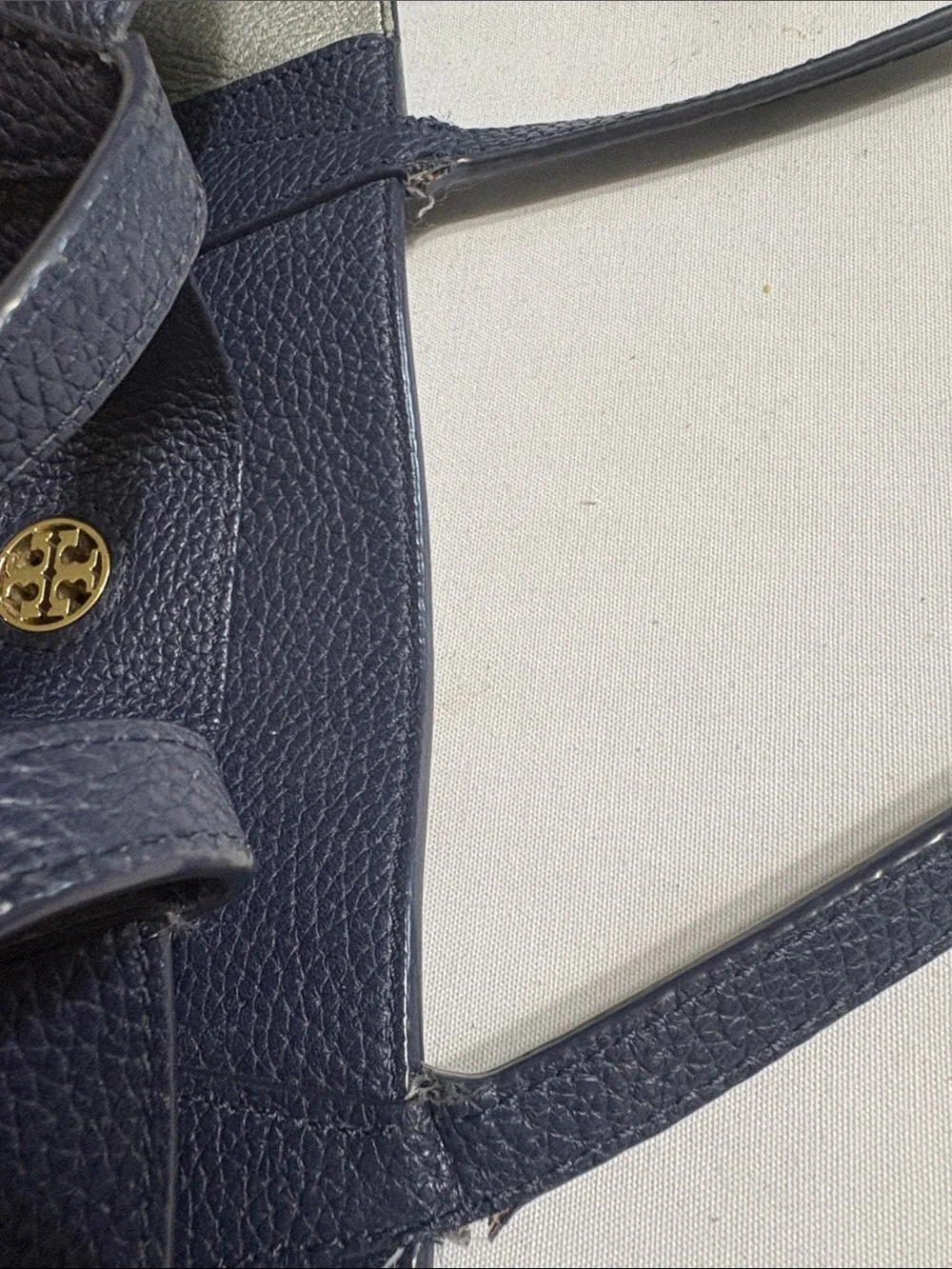 Tory Burch navy Pebbled Leather Tote with Logo Medallion  17x11” bottom is 6”